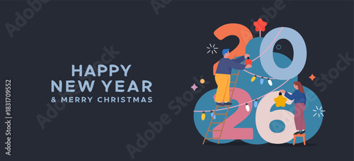 Decorating the Christmas tree with toys and garlands. New Year's banner 2026. A4 format.