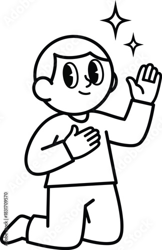 Retro cartoon character of a boy kneeling hand on heart making a sincere vow with sparkles.