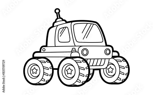 Cute cartoon space rover with antenna and star wheels for kids coloring