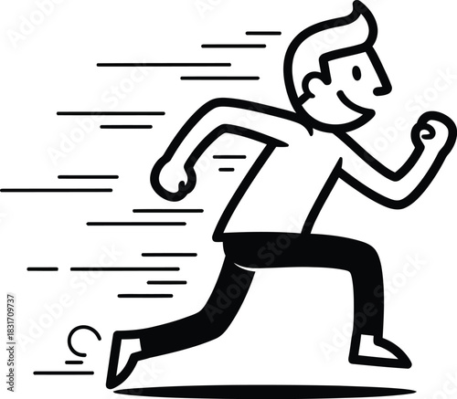 Simple black and white line art of a happy cartoon man running quickly with motion lines.