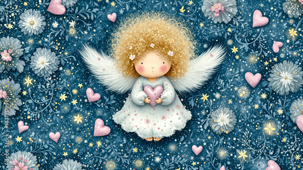 Obraz premium Whimsical Angel with Heart Amidst Floral and Starry Background