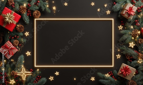 Festive Christmas-themed border with gifts, pine branches, and lights around a blank center.