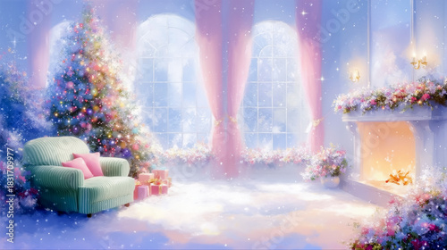 幻想的な雪の積もった部屋にあるクリスマスツリーと暖炉とソファの風景