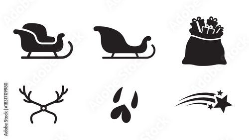 Collection of christmas themed black silhouette icons including sleighs reindeer antlers gift bag and shooting star isolated on white background