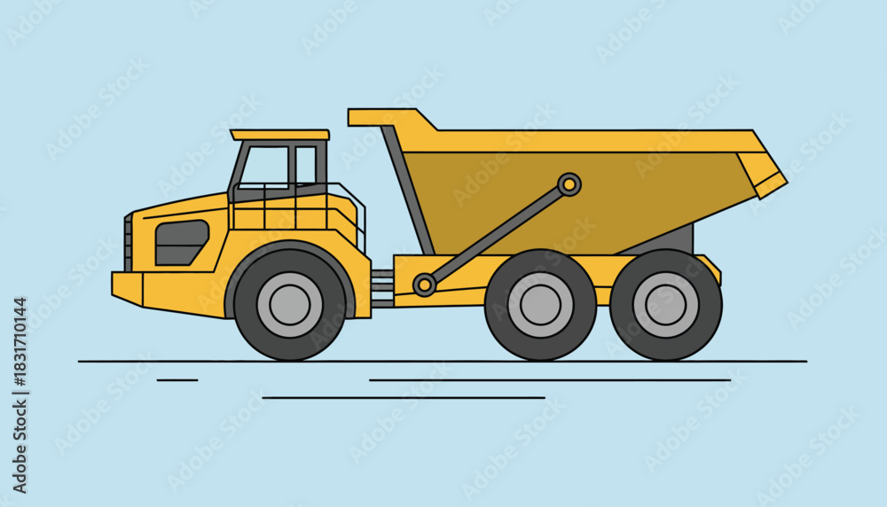 Naklejka premium Yellow Articulated Dump Truck Illustration on Light Blue Background - Heavy Construction Vehicle Flat Design Vector