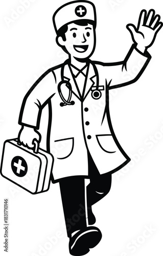 Smiling cartoon doctor in a white coat waving and carrying a medical bag.