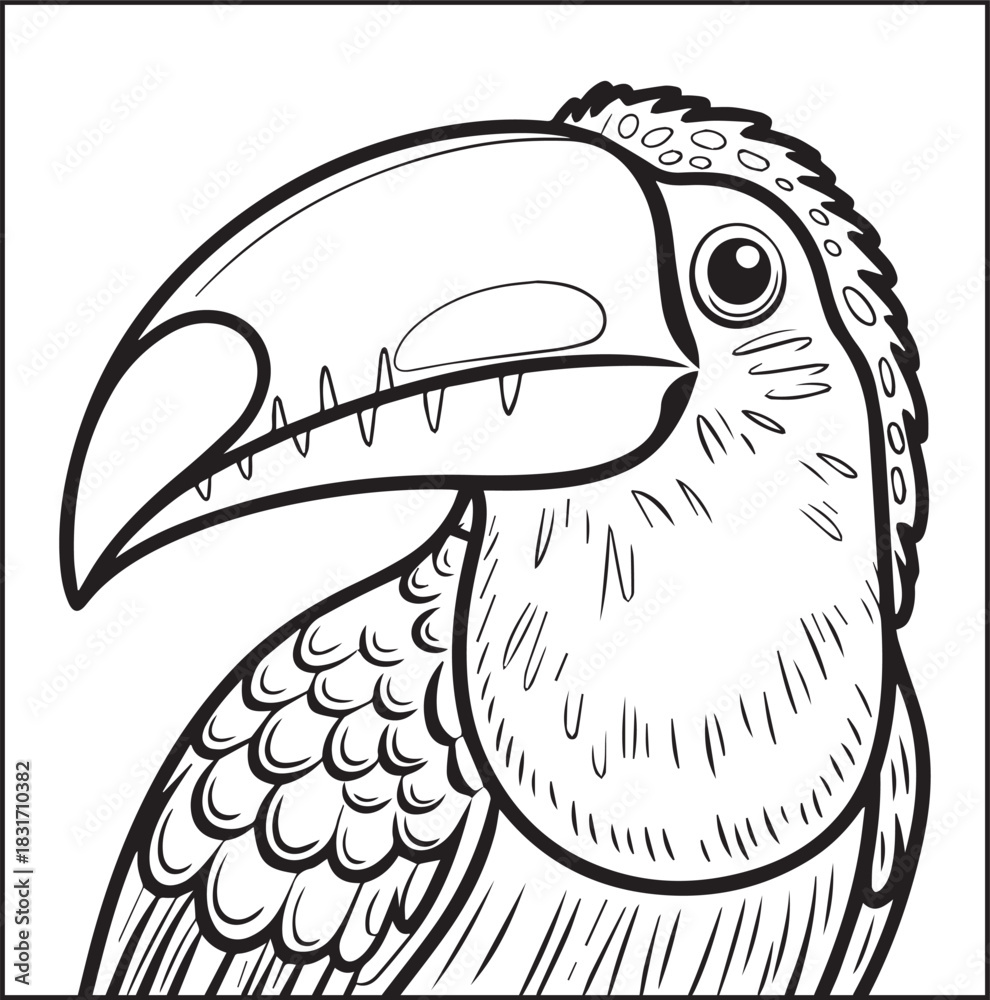 Fototapeta premium Cute adorable toucan coloring page for kids, tropical bird black line art vector illustration doodle