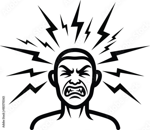 Stylized black and white illustration of a man screaming in rage his head radiating with jagged lightning bolt lines.