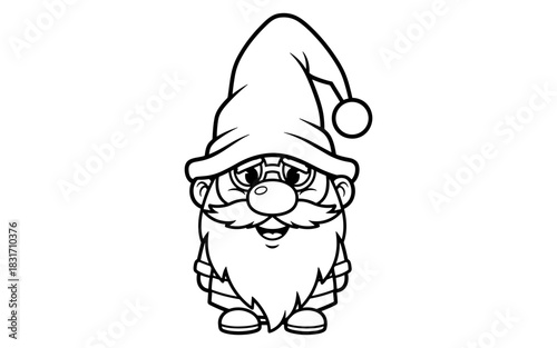 Adorable cartoon gnome with hat and beard in black and white