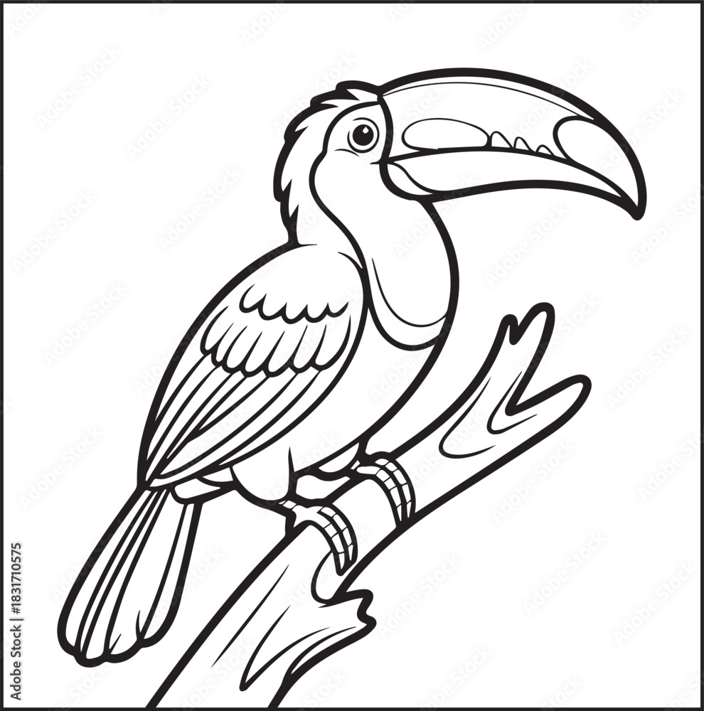 Naklejka premium Cute adorable toucan coloring page for kids, tropical bird black line art vector illustration doodle