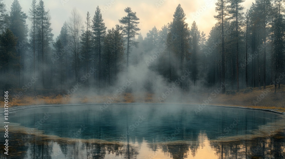 Fototapeta premium Serene Forest Thermal Pool Surrounded by Misty Steam and Colors