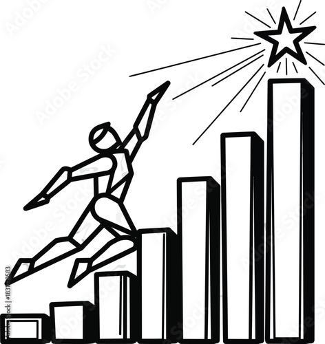 Stylized line art figure climbing a bar graph reaching for a shining star of success.