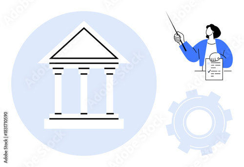 Courthouse surrounded by educator presenting with document and gear signifying process. Ideal for governance, education, law, justice, policy, system operation, and institutional structure. Simple
