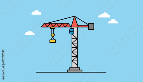 Clean Vector Tower Crane Illustration on Blue Sky. Flat Design Icon for Construction, Building, Development, and Industrial Progress.