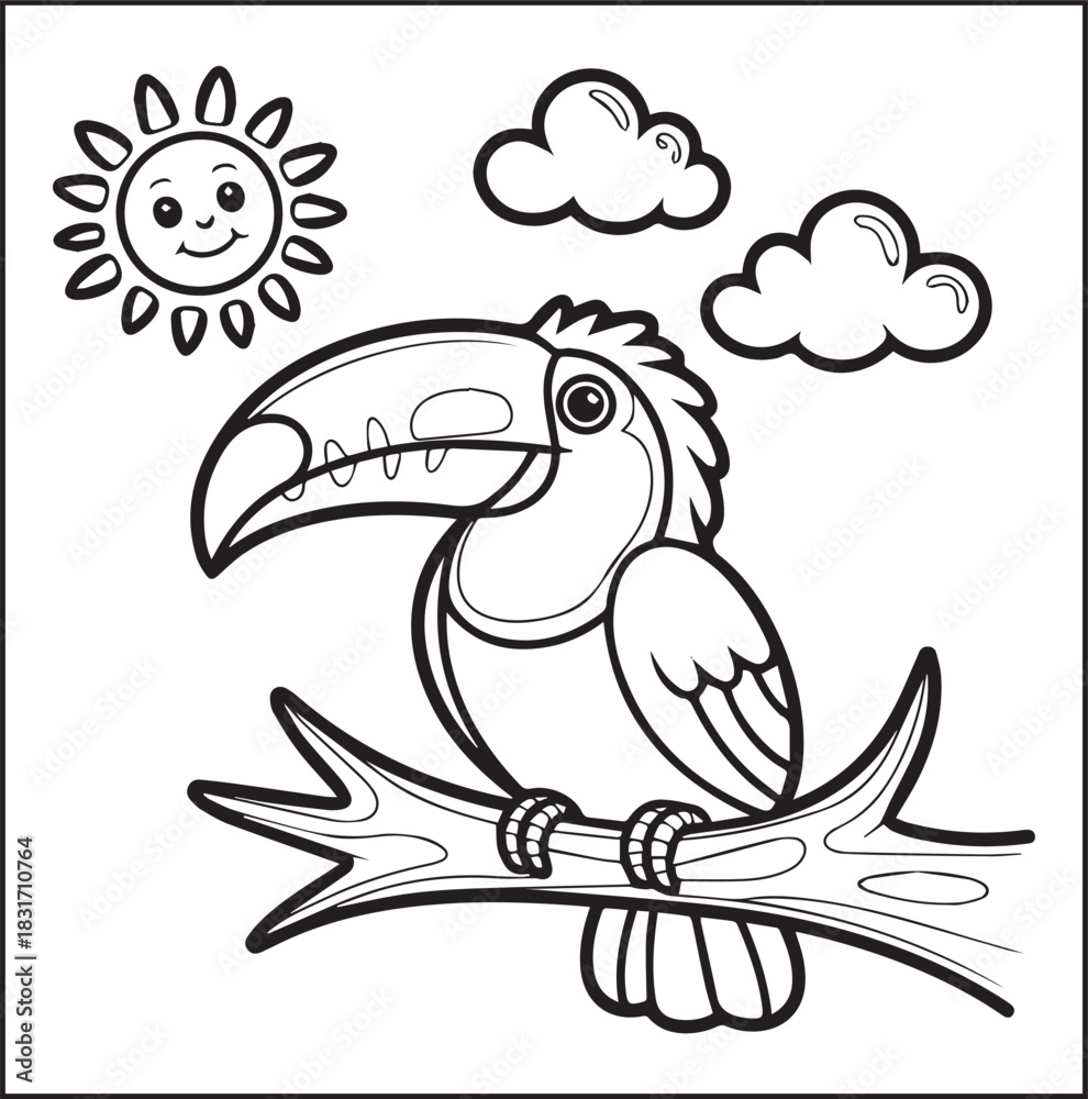 Naklejka premium Cute adorable toucan coloring page for kids, tropical bird black line art vector illustration doodle