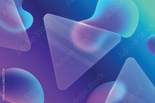 Abstract background with translucent geometric shapes and flowing liquid blobs in vibrant neon purple and blue gradient colors
