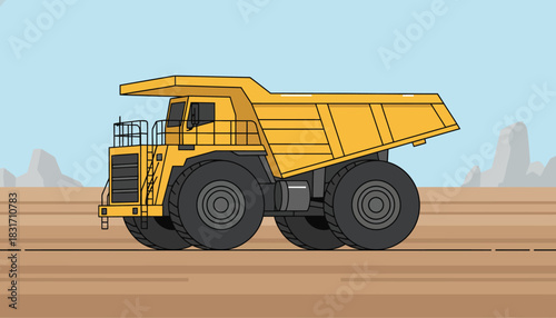 Giant Yellow Mining Dump Truck Illustration on Construction Site Background. Heavy Haulage Vehicle for Industrial Earthmoving Projects.