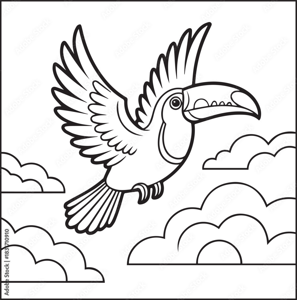Naklejka premium Cute adorable toucan coloring page for kids, tropical bird black line art vector illustration doodle