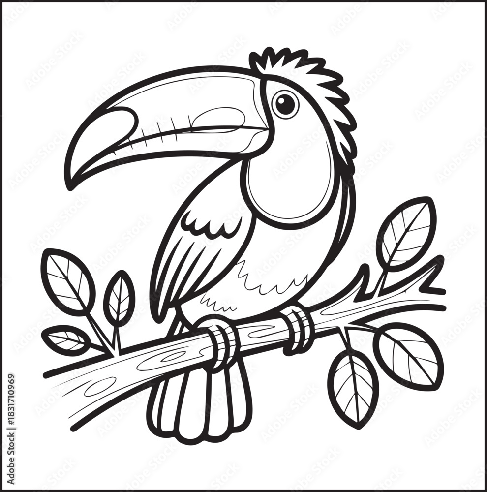 Naklejka premium Cute adorable toucan coloring page for kids, tropical bird black line art vector illustration doodle