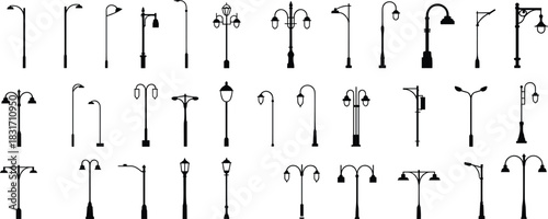 Assortment of black silhouette street lamp designs on a white background lamppost light post
