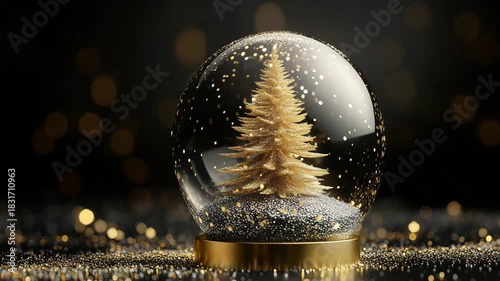 Elegant Golden Christmas Tree Snow Globe with Sparkling Glitter and Bokeh Lights on Dark Background