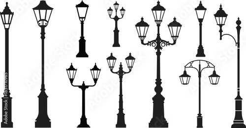 Assortment of black silhouette street lamps and lamp posts on white lamppost lighting
