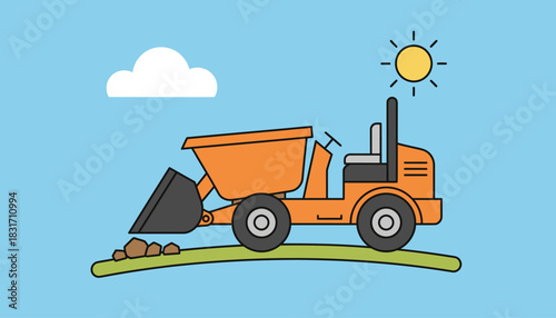 Cartoon Orange Front-End Loader Digging Dirt on a Sunny Day, Flat Vector Illustration of a Construction Dumper Vehicle with Cloud and Sun