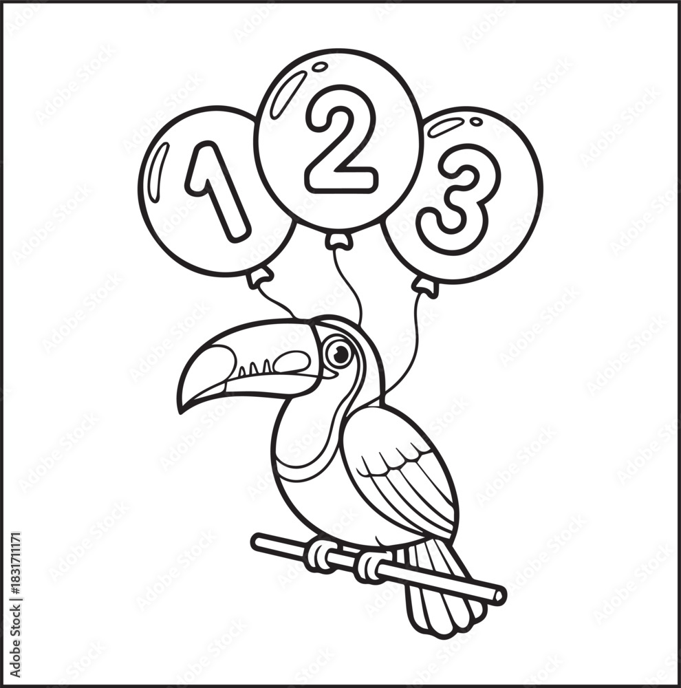 Naklejka premium Cute adorable toucan coloring page for kids, tropical bird black line art vector illustration doodle