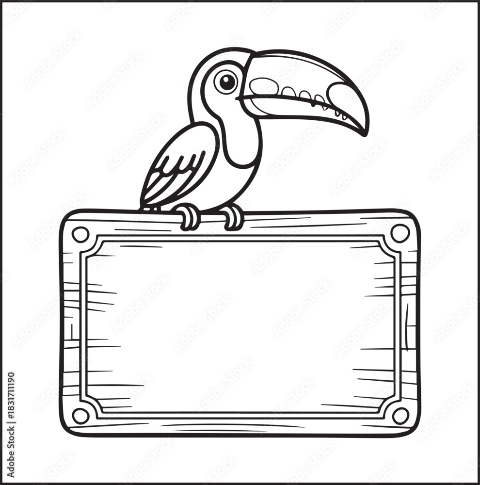Naklejka premium Cute adorable toucan coloring page for kids, tropical bird black line art vector illustration doodle