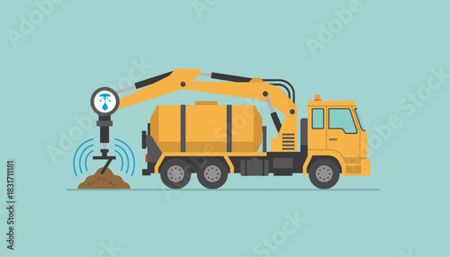 Industrial Truck with Robotic Arm and Sensor Analyzing Soil. Smart Technology for Environmental Monitoring, Flat Vector Illustration.