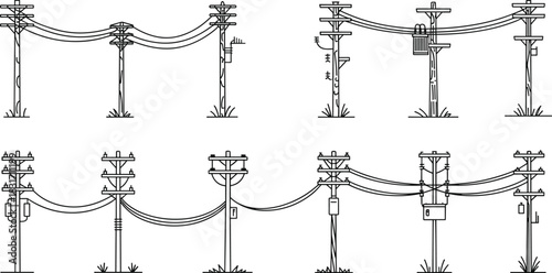Assortment of electrical utility poles with wires and equipment power pole electricity