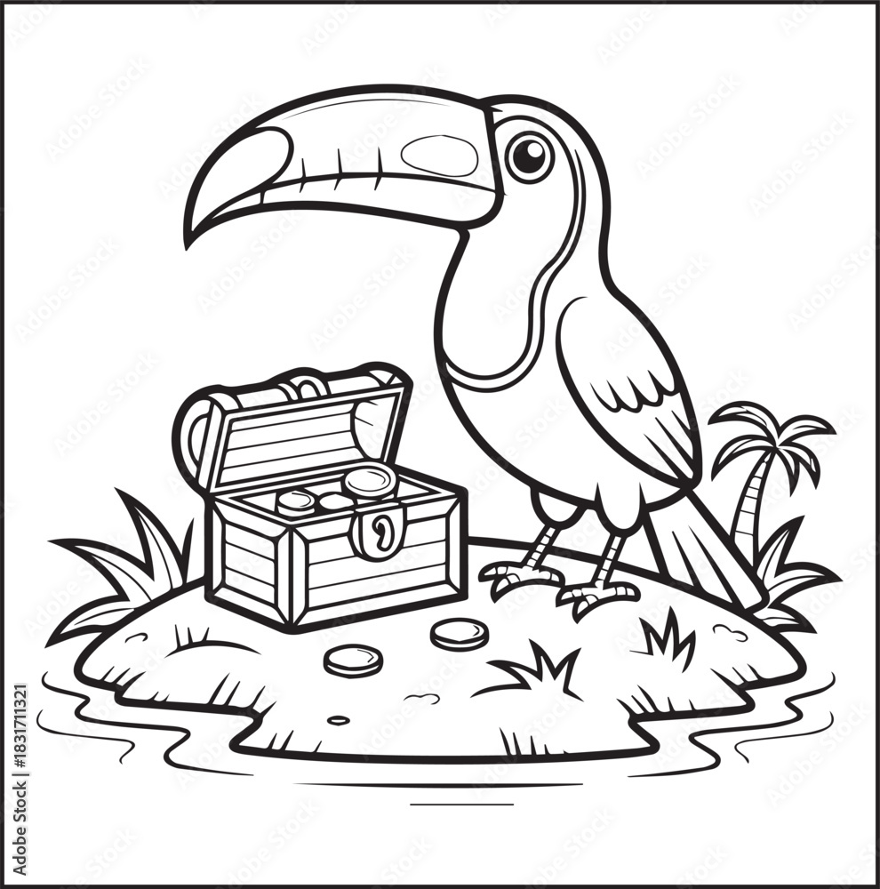 Naklejka premium Cute adorable toucan coloring page for kids, tropical bird black line art vector illustration doodle