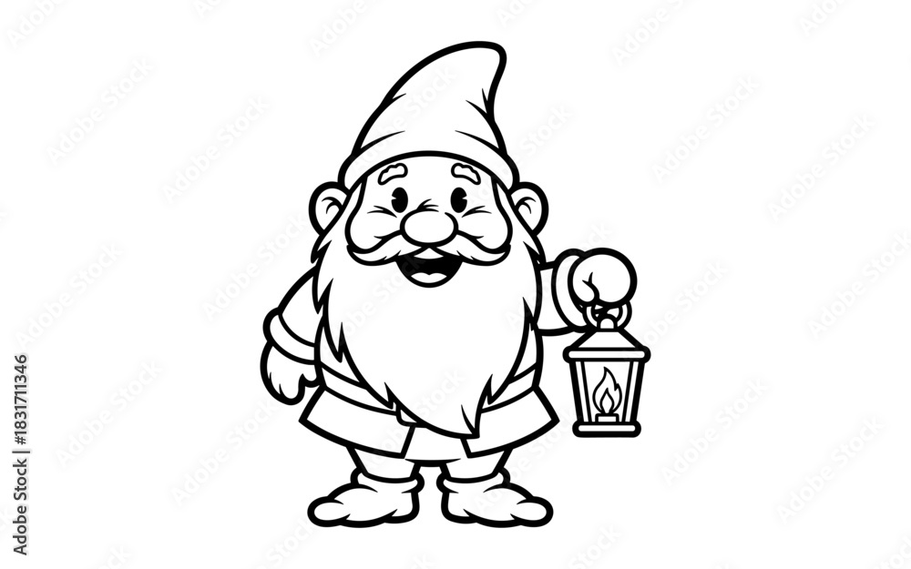 Naklejka premium Cheerful gnome holding lantern in black and white outline