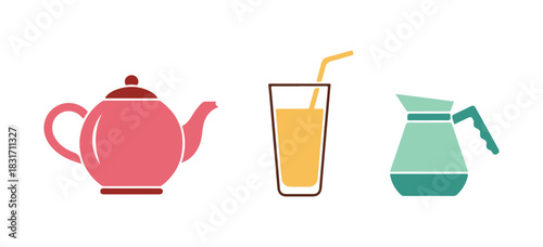 Icons of a coffeepot, frappe, and teapot in one set. Mint leaves icon. Brewed coffee, refreshing drink, tea kettle. Mentha herb. Quality design components. Classic look. Vector graphics.