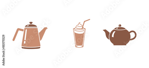 A set of icons showcasing a coffeepot, frappe, and teapot. Mint leaves emblem. Brewed coffee, cold drink, and tea kettle. Mentha herbal. Quality design features.