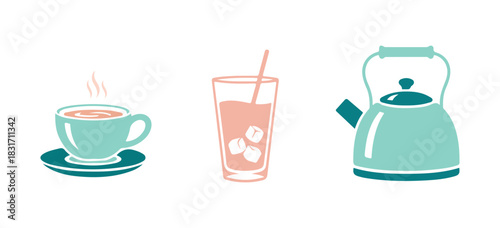 Collection of icons featuring a coffeepot, frappe, and teapot. Mint leaves symbol. Freshly brewed coffee, chilled beverage, tea kettle. Mentha herb. High-quality design elements. Timeless style.