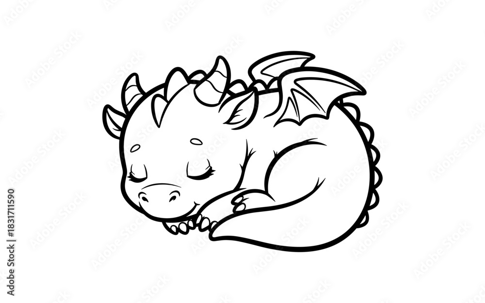 Obraz premium Adorable sleeping dragon in black and white for kids' art and designs