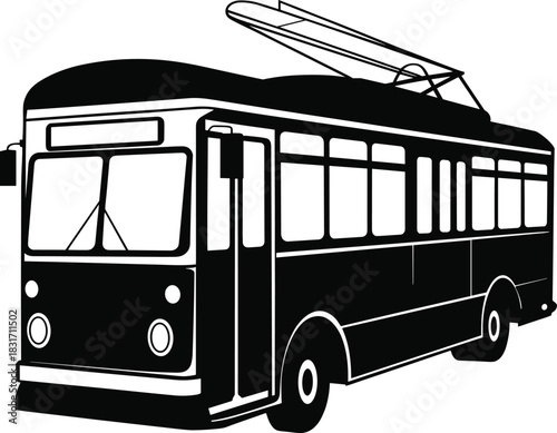 Black silhouette of a vintage trolley bus with trolley pole public transport transportation