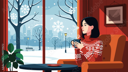 Illustration of a woman in a cozy red sweater relaxing with a hot coffee by the window, watching the winter snow fall over the city