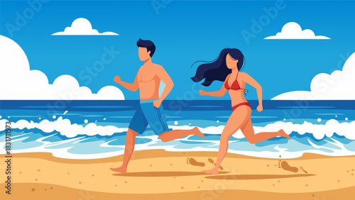 Beach Fun Couple Running Along the Shoreline Vector Illustration with Waves and Clouds
