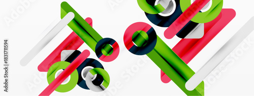 Abstract composition featuring colorful cylinders, tubes, rings. Geometric shapes intersect creating dynamic visual effect. Bright colors dominate white background.