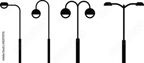 Collection of black and white silhouettes of different street lamps on white background lamppost lighting