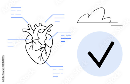 Anatomical heart mapping data, cloud, and checkmark in minimal style. Ideal for health, approval, medical analysis, connection, technology diagnostics and wellness. Clean simple flat metaphor