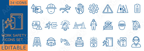 Minimal line-style work safety icon set featuring emergency exit, caution signs, protective gear, hazard warnings, construction safety, and emergency response symbols. Perfect for workplace guidelines