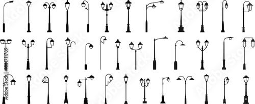 Collection of diverse black silhouette street lamp designs on a white background lamppost light post