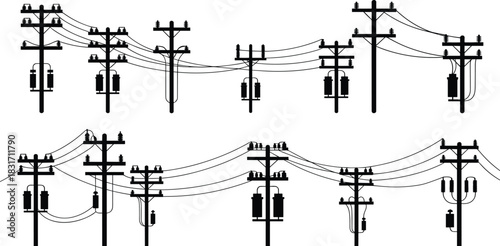 Collection of black silhouette utility poles with wires insulators and transformers on a white background