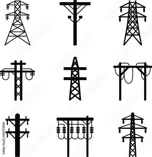 Collection of nine black silhouette icons of electrical transmission towers and poles electricity power