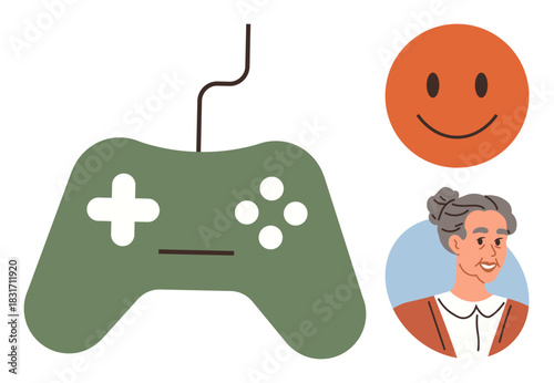 Green gaming controller, orange happy, and elderly woman portrait in profile. Ideal for gaming, fun, intergenerational bonding, technology inclusion, entertainment, hobby and connection in a simple