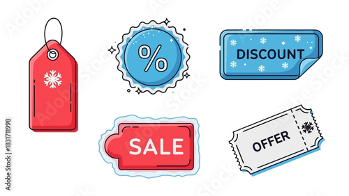 Winter Sale Tags and Badges Icon Set with Decorative Accents