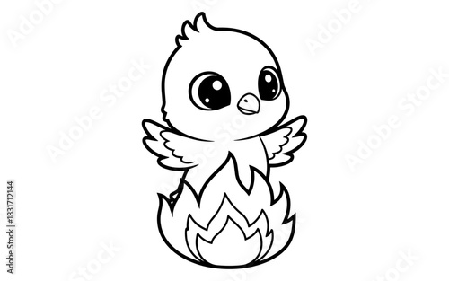 Cute cartoon phoenix rising from flames in black and white outline art